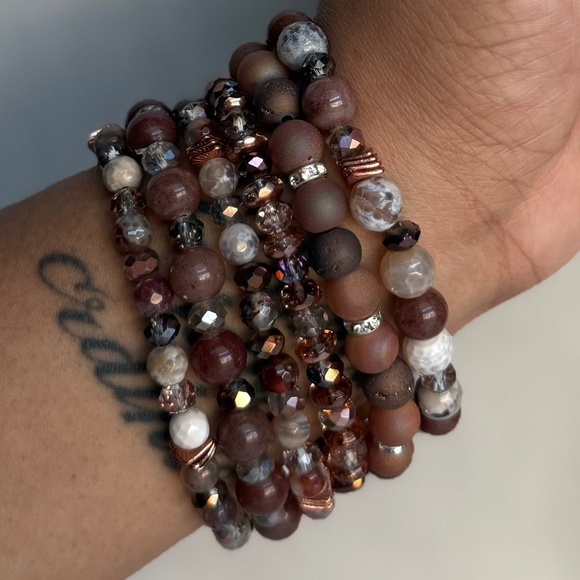 Rose Gold Bracelet Set | Hand Made Beaded Bracelet Stack - Picture 1 of 5